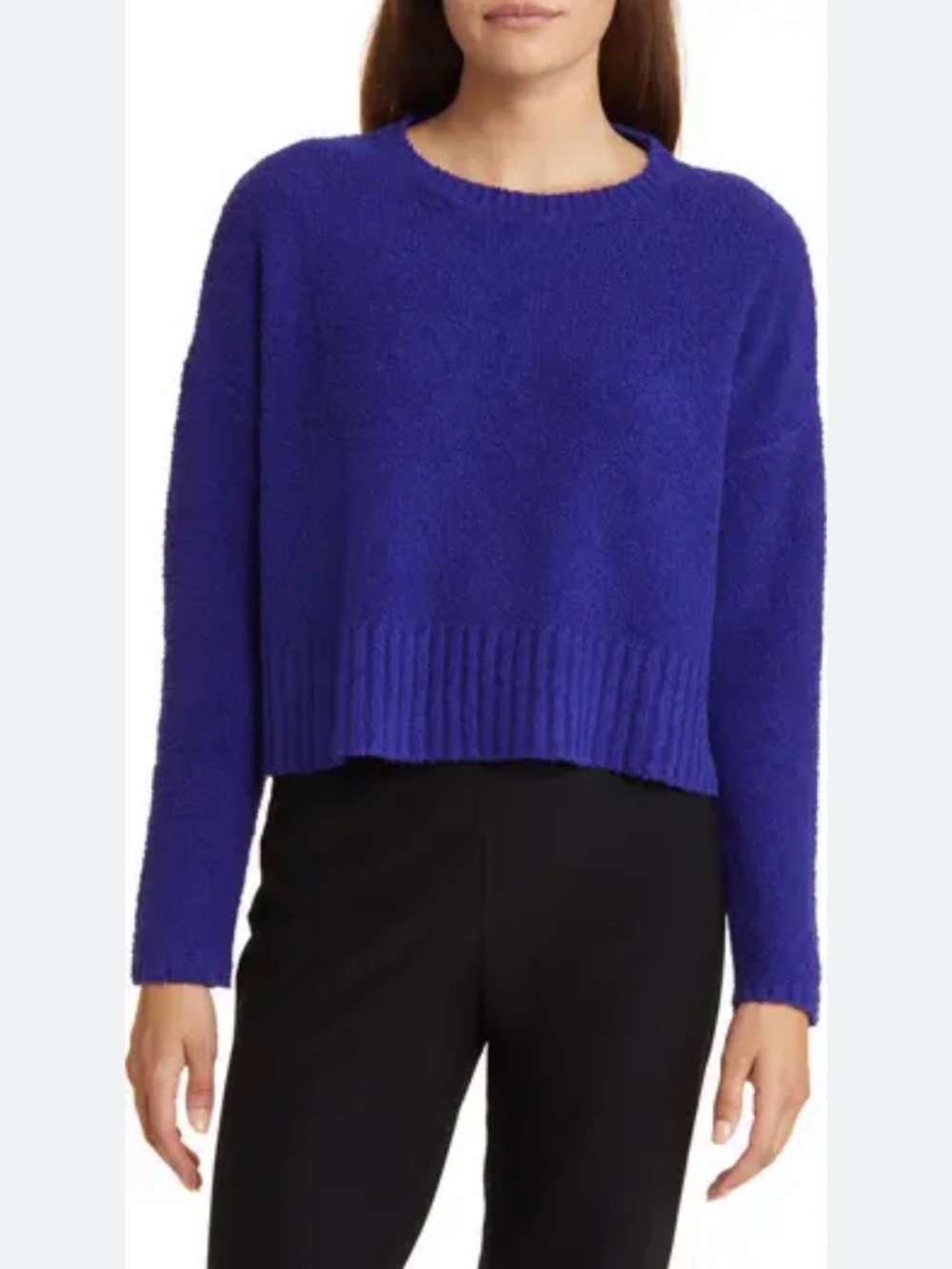 Eileen Fisher Sweater Royal Purple Bouclé Boxy Crewneck Large $268